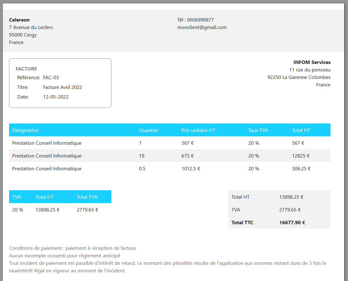 Modèle de facture sur Celereon