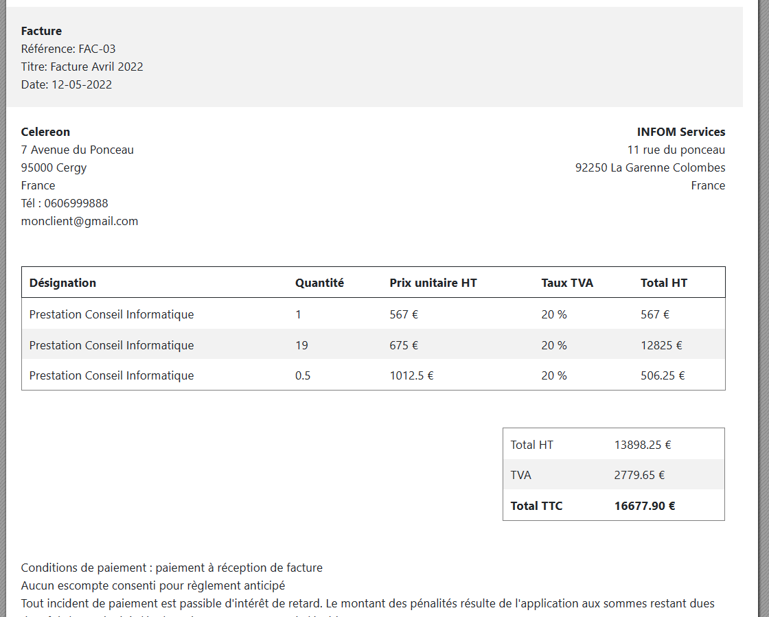 Modèle de facture sur Celereon